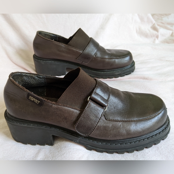 Vintage Espirit Y2K chunky brown leather loafers heels 6.5 90s academia platform - Picture 4 of 11